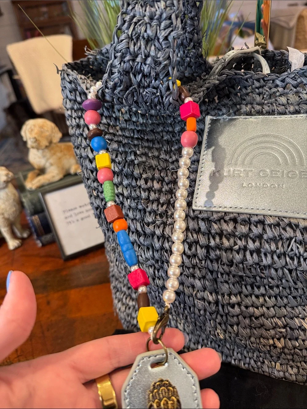 Kurt Geiger Gray Crocheted Raffia Hobo Bag with Beaded Charm